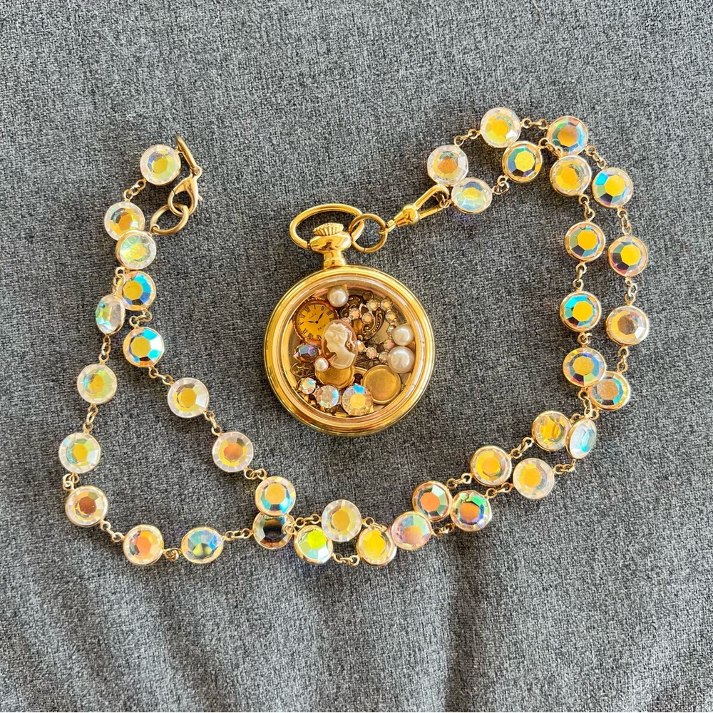 Steampunk Repurposed Pocket Watch Gold Tone Necklace Aurora Borealis Crystal 28”
